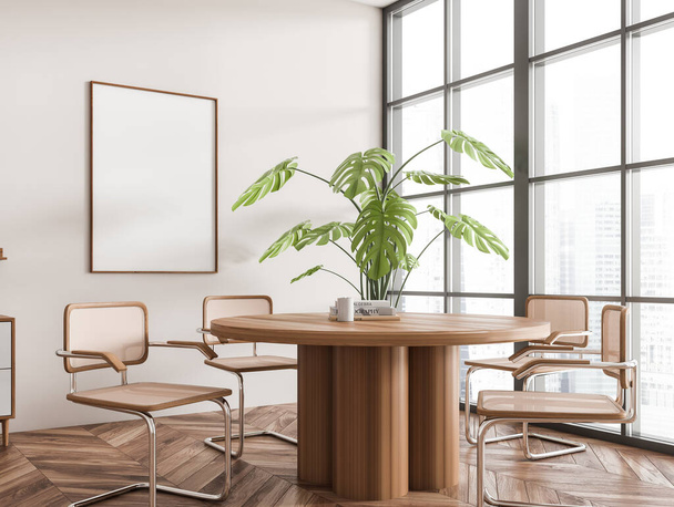 Beige living room interior with eating table and chairs, side view, hardwood floor. Panoramic window on Singapore skyscrapers. Plant and mockup blank poster. 3D rendering - Fotoğraf, Görsel