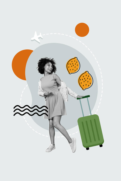 Vertical collage of young careless girl feel young dancing enjoy drink lemon fruit juice hold suit bag airport isolated on grey background. - Φωτογραφία, εικόνα
