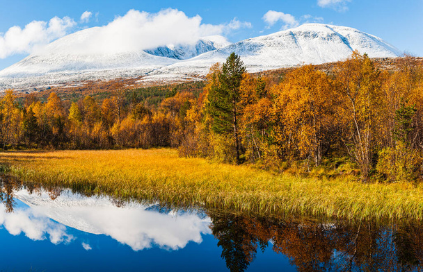 Herfst kleuren naast kleine meer in de voorkant van sneeuw bedekte bergen - Foto, afbeelding