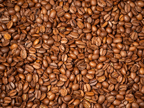 Fondo de granos de café tostados. Granos de café dispersos. Los granos de café cierran. - Foto, imagen