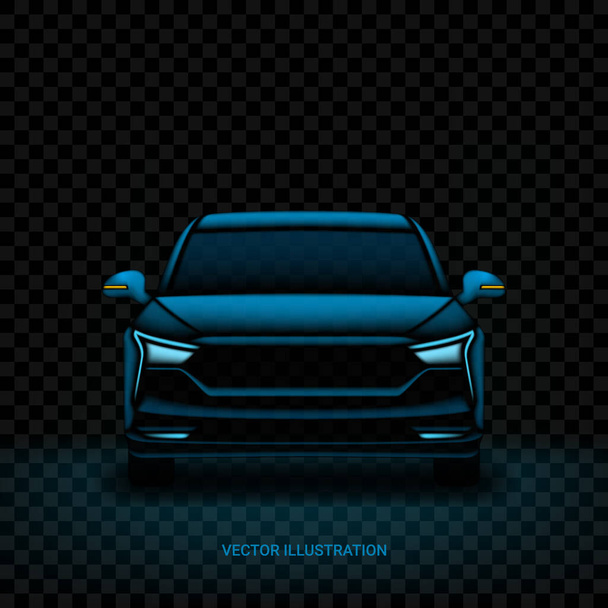 Realistic car silhouette template. Vector illustration with front view on silhouette of car isolated on black dark checkered background. - Vektor, obrázek