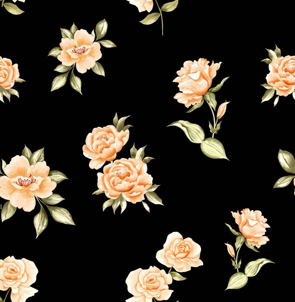 Υδατογραφία μοτίβο λουλούδια, κίτρινο τροπικά στοιχεία, τριαντάφυλλα, πράσινα φύλλα, μαύρο φόντο, απρόσκοπτη - Φωτογραφία, εικόνα