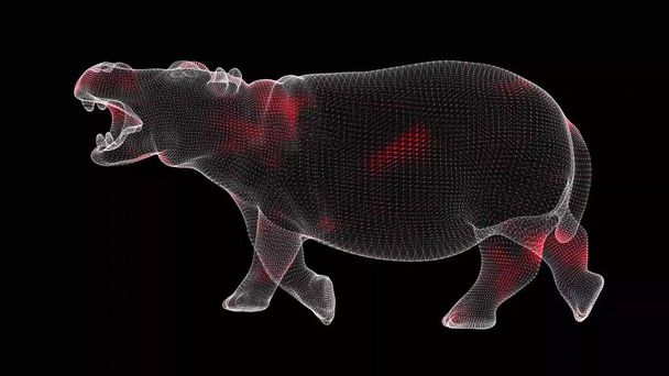Šíření viru přes 3D tělo zvířecího hrocha monochromatického na černém pozadí. Vizuální ukázka viru v těle. Vědecký lékařský koncept. 3D animace. - Fotografie, Obrázek