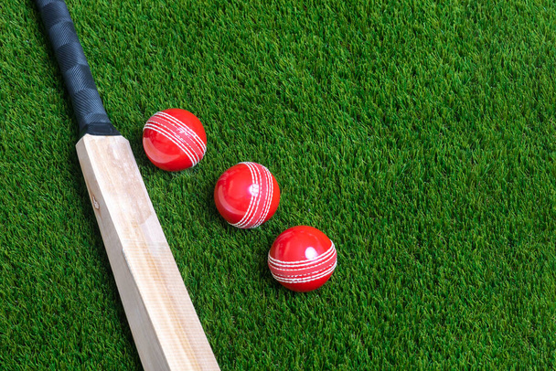 Kriketti lepakko ja punainen pallo vihreä ruoho tausta. Horisontaalinen urheilu teema juliste, onnittelukortit, otsikot, verkkosivuilla ja sovellus - Valokuva, kuva