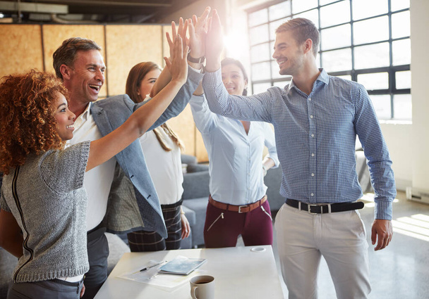 High five, motivation and business people in a meeting with support, success or team building. Happy, mission and corporate employees in celebration of an achievement with a gesture in office. - Fotoğraf, Görsel