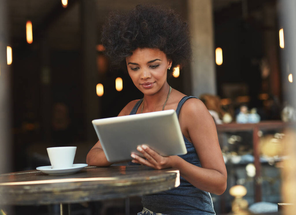 Tablet reading, typing and coffee shop woman, retail customer or manager doing hospitality research for startup growth. Review, analysis and person check restaurant, cafe or store sales statistics. - Photo, image