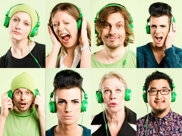 Were all music lovers. Collaged shot of a diverse group of people standing in the studio and posing while listening to music though headphones - Photo, image