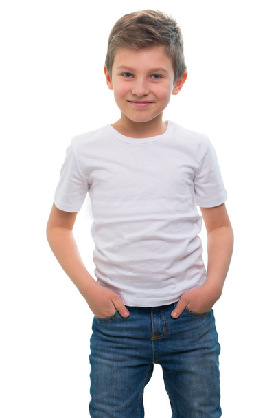 White T-shirt on a cute boy, isolated on white background - Photo, Image