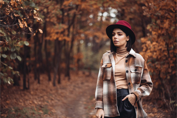 mujer caminando en el camino en el parque de otoño  - Foto, Imagen