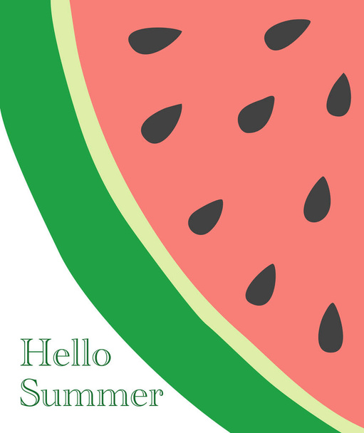 Fresh ripe watermelon slice and hello summer phrase, greeting card or poster template, vector illustration - Vector, Image