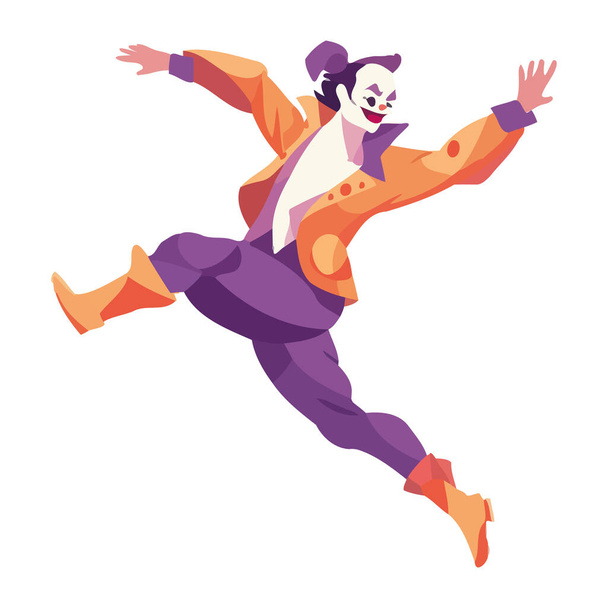 Jumping clown in purple suit celebrating isolated - Διάνυσμα, εικόνα