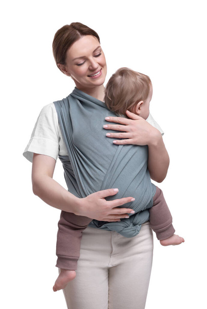 Mother holding her child in baby wrap on white background - Zdjęcie, obraz