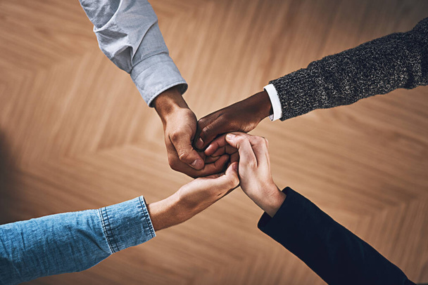 Teamwork, link or hands of business people for diversity, community support or planning startup strategy. Vision, above or employees in group collaboration with faith, help or hope for goals together. - Foto, Imagen