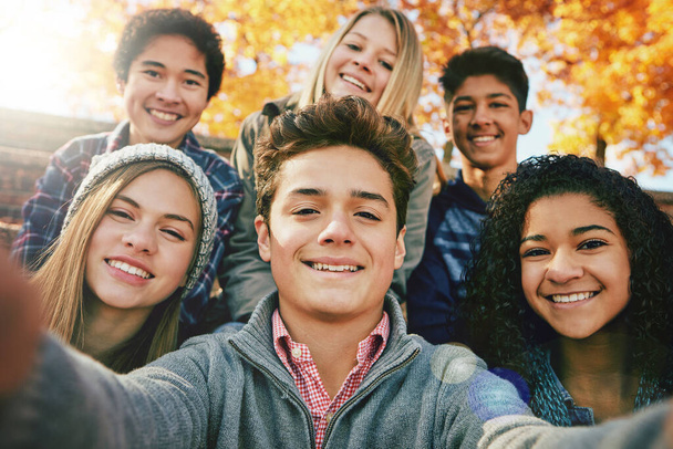 Selfie, ergen ve bir grup arkadaş parkta, doğada veya gülen ağaçlarda ve gençlerde gülümsüyor, arkadaşlık ve sosyal medya için mutluluk resmi. Resim, yüz ve mutlu insanlar birlikte sonbahar fotoğrafı için.. - Fotoğraf, Görsel