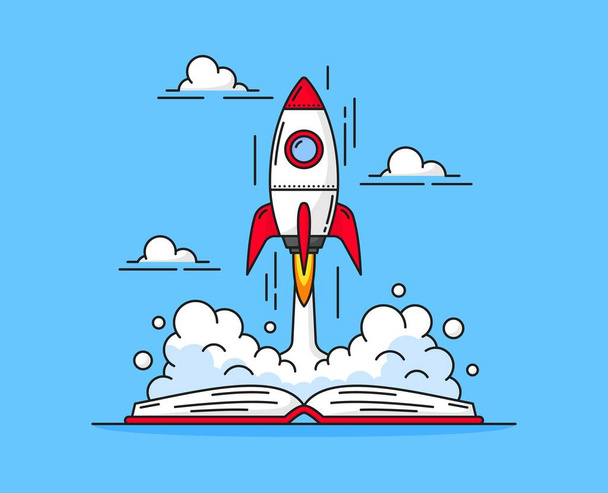 Rocket launch. Education goals and achievement, innovations, business idea start, creativity boost vector background. Startup launch and growth concept with opened book or textbook, taking of rocket - ベクター画像