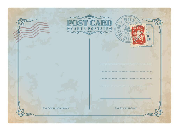 Antique postcard, retro postage stamp on vintage mail. Travel nostalgic paper letter, correspondence vector retro postcard or postage note frame. Antique wedding invitation message card - Vektor, obrázek