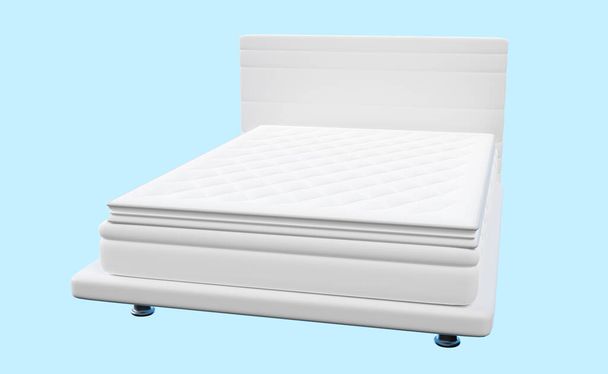 bílá topper a matrace pro pohodlí spánek izolované na modrém pozadí. 3D vykreslení ilustrace, ořezávání cesta - Fotografie, Obrázek