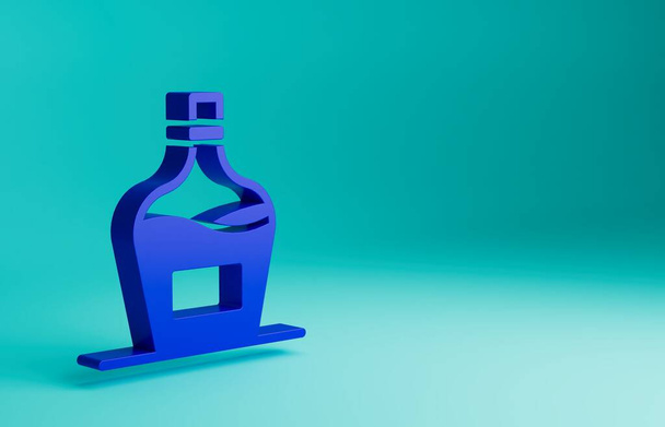 Bleu Vieille bouteille de vin icône isolée sur fond bleu. Bouteille de vin maison. Concept de minimalisme. Illustration de rendu 3D. - Photo, image