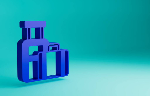 Niebieska walizka na ikonę podróży izolowana na niebieskim tle. Podróżujący znak bagażu. Ikona bagażu podróżnych. Koncepcja minimalizmu. Ilustracja 3D renderowania. - Zdjęcie, obraz