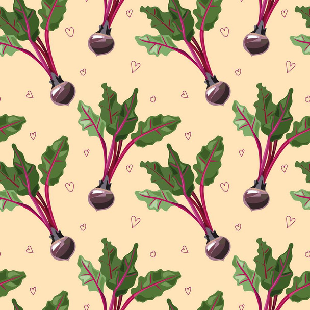 Beetroot Vegetables seamless pattern. Vegetarian healthy bio food background, Vegan organic eco products. Vector illustration. For surface design package, banner, template, kitchen, fabric and textile design - ベクター画像