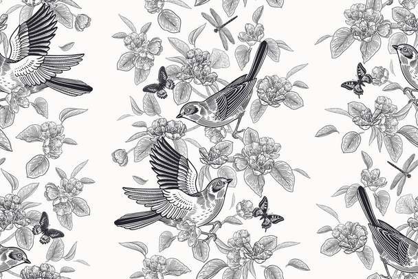 Cute birds on the branches, butterflies, dragonfly. Flowers and leaves of Blossoming tree. Floral seamless pattern. Black and white. Spring Vector illustration. Vintage. Template for wallpaper, paper. - Vektör, Görsel