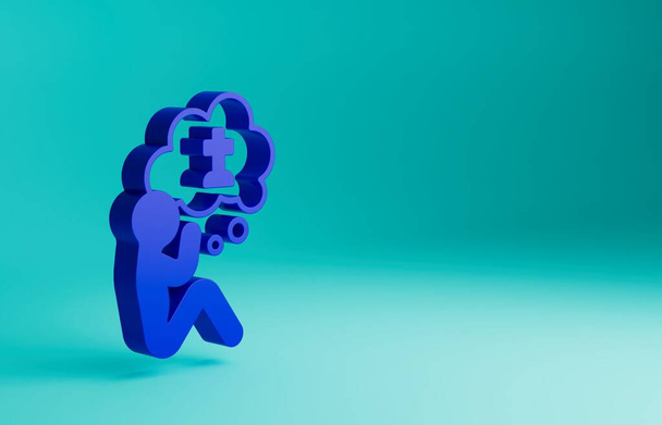 Blue Man graven rouwverdriet pictogram geïsoleerd op blauwe achtergrond. De emotie van verdriet, verdriet, verdriet, dood. Minimalisme concept. 3D weergave illustratie. - Foto, afbeelding
