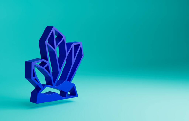 Blauwe magische steen pictogram geïsoleerd op blauwe achtergrond. Fantasie kristal. Sieraden voor spel. Minimalisme concept. 3D weergave illustratie. - Foto, afbeelding