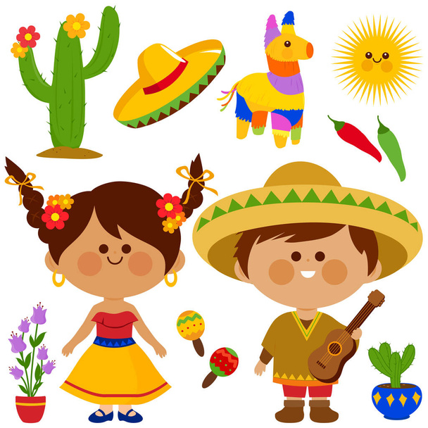 Cinco de Mayo fiesta collection with Mexican children. Vector illustration - Vector, afbeelding