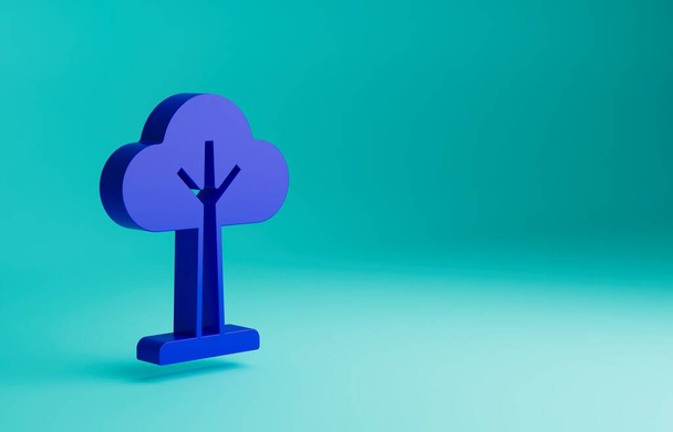 Значок "Синее дерево" выделен на синем фоне. Символ леса. Концепция минимализма. 3D-рендеринг. - Фото, изображение