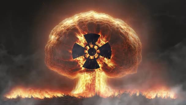 mushroom of fire of a nuclear explosion in the skyline creating a nuclear fire with nuke symbol. Apocalyptic war - Footage, Video