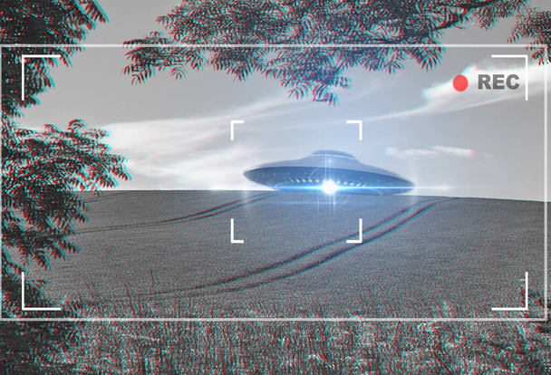 UFO, alien and camera viewfinder with a spaceship flying in the sky over area 51 for an invasion. Camcorder, spacecraft and conspiracy theory with a saucer on a display to record a sighting of aliens. - Photo, Image