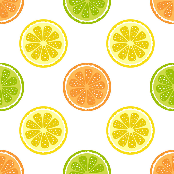 citrus seamless pattern with lemon, lime and orange, tropical fruits, summertime concept, vector illustration in flat style - Vetor, Imagem