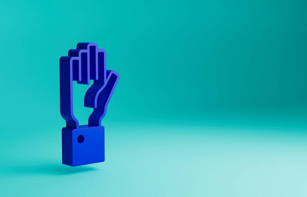 Blue Hand holding veiling pictogram geïsoleerd op blauwe achtergrond. Een biedconcept. Veilingswedstrijd. Minimalisme concept. 3D weergave illustratie. - Foto, afbeelding