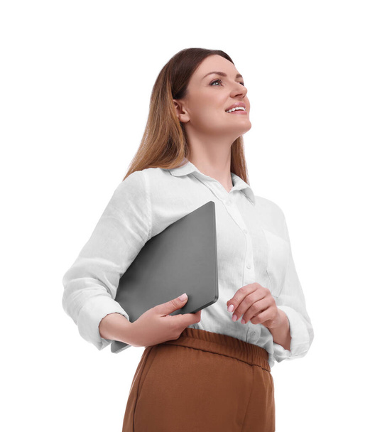 Beautiful businesswoman with laptop on white background, low angle view - Foto, Imagen