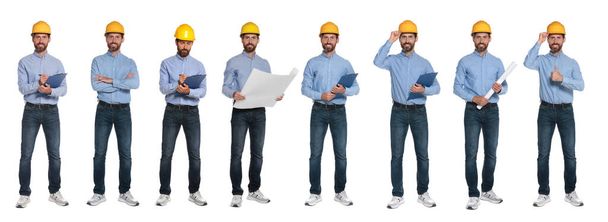 Photos of engineer with hardhat and clipboard on white background, collage design - Foto, afbeelding