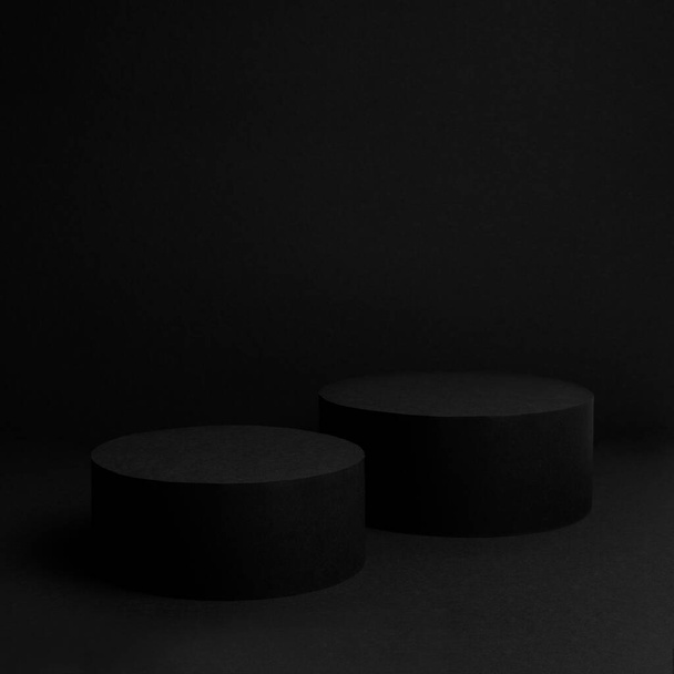 Abstract black scene with two cylinder podiums template for presentation cosmetic products, goods, advertising, design, poster, text, card in soft gradient, abstract mockup in beauty luxury style. - Фото, зображення