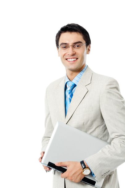 Liikemies työskentelee kannettavan tietokoneen kanssa, yli valkoinen
 - Valokuva, kuva