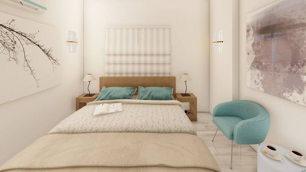 Realistic bedroom with Birchwood furniture and artworks - Foto, Imagem