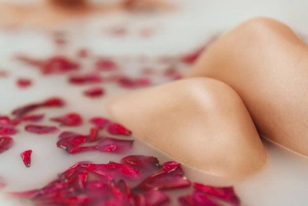 Жіночі коліна. Жінка лежить у ванні з молоком і пелюстками троянд
. - Фото, зображення