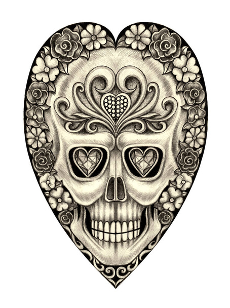 Fancy heart skull. Hand drawing on paper. - Photo, Image