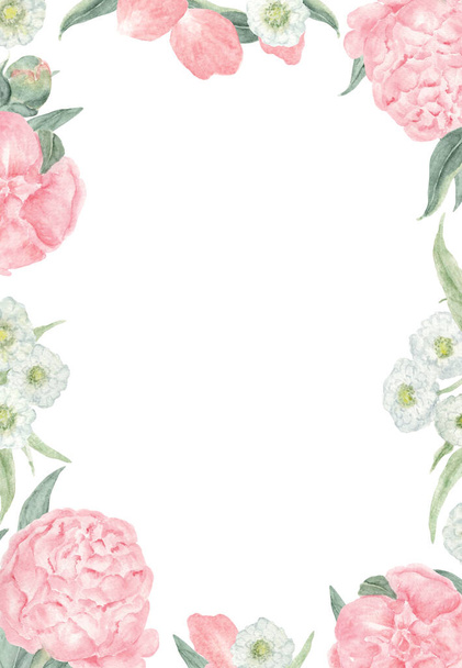 Pink and White Floral Rectangular Frame. Pink Peonies with White Yarrow. Romantic Floral Watercolor Frame for Invitations, Postcards and other Stationery - Photo, image