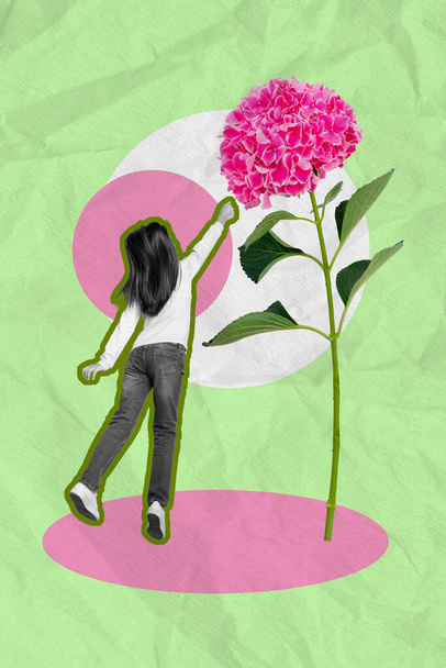 Vertical image 3d collage poster of cute pretty little girt touch big size pink flower isolated on drawing green background. - Fotografie, Obrázek