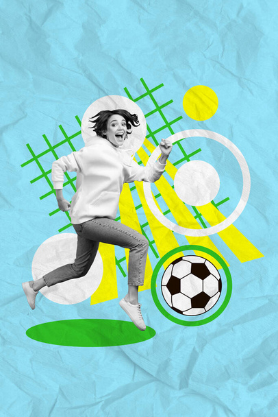 Vertical picture image artwork poster collage of cheerful girl playing football game have fun outside isolated on drawing blue background. - Φωτογραφία, εικόνα