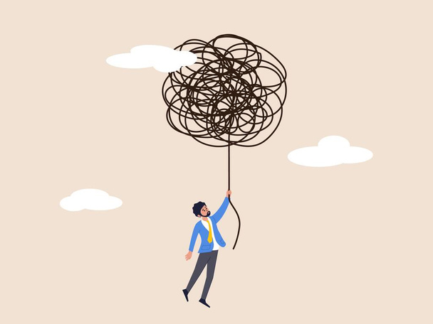 Confusion or business trouble concept. Unravel tangle problem, solving difficult knot chaos or messy issue, complicated or complex problem difficulty, businessman manager unravel tangled rope - Vector, Image
