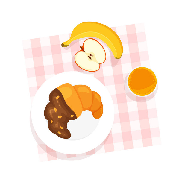 Tasty healthy breakfast top view. Croissant with chocolate, orange juice, banana, apple. Table with tablecloth. Vector illustration isolated. - Vector, Image