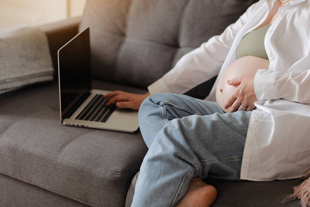 Young pregnant woman caress her big belly and remotely works on laptop at home on sofa, communicating online, browsing internet social media. Business, pregnancy and Internet technology concept - Φωτογραφία, εικόνα