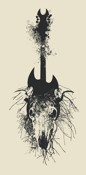 Vector sign illustration with an electric guitar, tree roots and skull of cow or bull with horns with splashes and curls in grunge style - Διάνυσμα, εικόνα