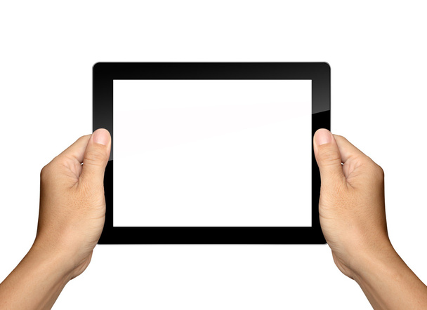 manos están sosteniendo y punto en blanco Tablet PC aislado
 - Foto, Imagen