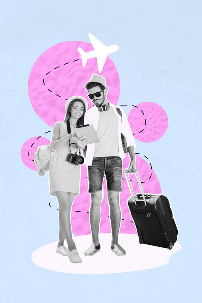Vertical collage picture of two black white gamma people hold suitcase use tablet gadget book buy tickets flying plane isolated on blue background. - Fotó, kép