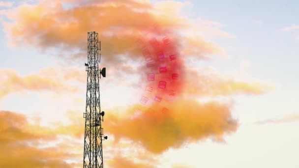 Červená bezdrátová telekomunikační radiace na zamračené obloze. Animace anténních rádiových vln. Vysoce kvalitní 4K záběry - Záběry, video